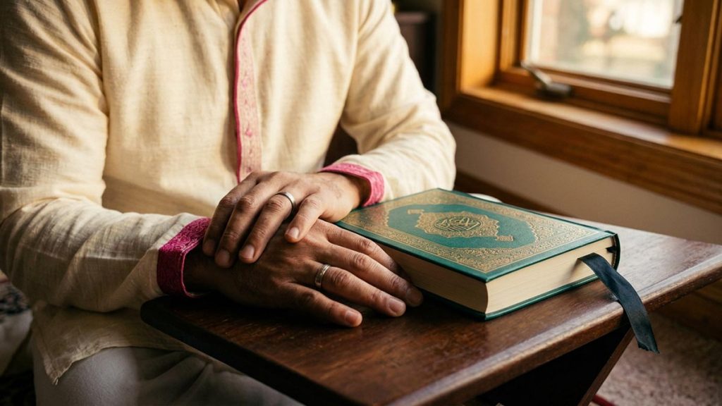 Close view of a Muslim man's hands and the closed mushaf during the Dua After Reading the Quran.