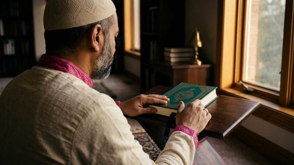 A Muslim man seen from behind at a low reading table beside a window, reflecting the Dua After Reading the Quran.