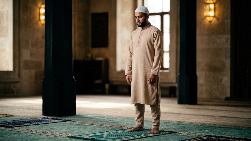 A Muslim man on a prayer mat in a quiet prayer hall, an opening scene for the Dua After Rising from Ruku.