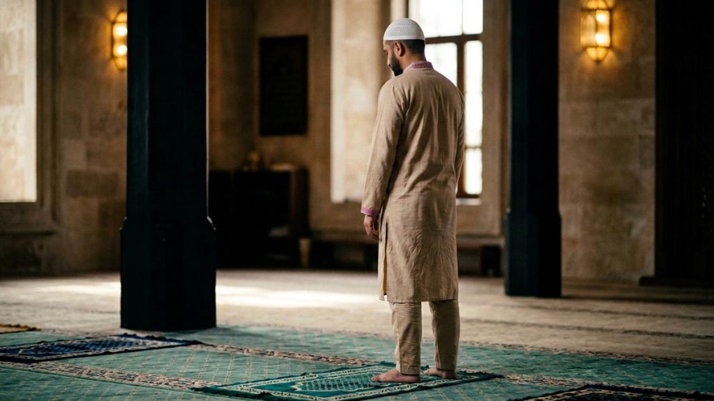 A Muslim man seen from behind on a prayer mat in a quiet prayer hall, reflecting the Dua After Rising from Ruku.