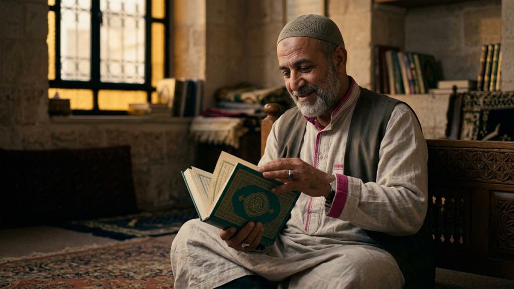 A Muslim man in a peaceful room after the recitation has finished, an opening scene for the Dua After Ruqyah.
