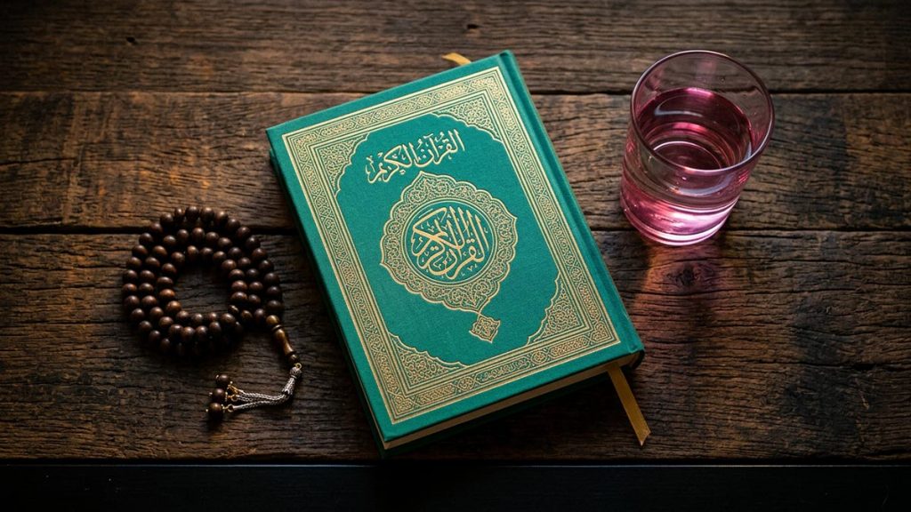 A still-life of a closed Quran beside a half-full glass of water and prayer beads, illustrating the Dua After Ruqyah.