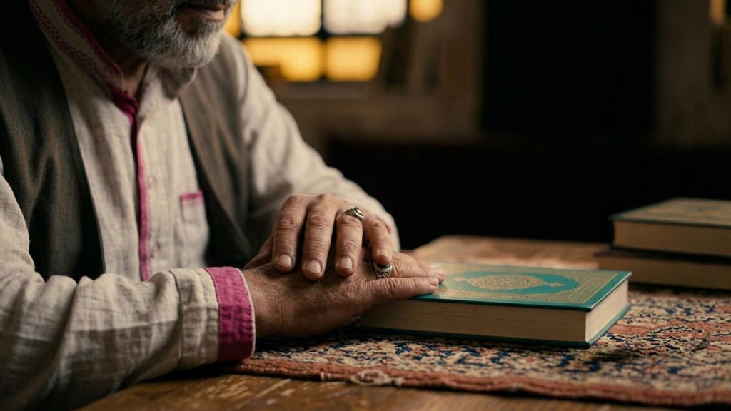Close view of a Muslim man's hands and the closed Quran during the Dua After Ruqyah.