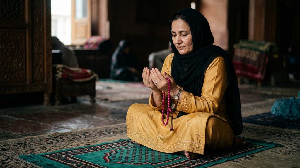 A Muslim woman seated on the prayer mat after the prayer has ended, an opening scene for the Dua After Salah.