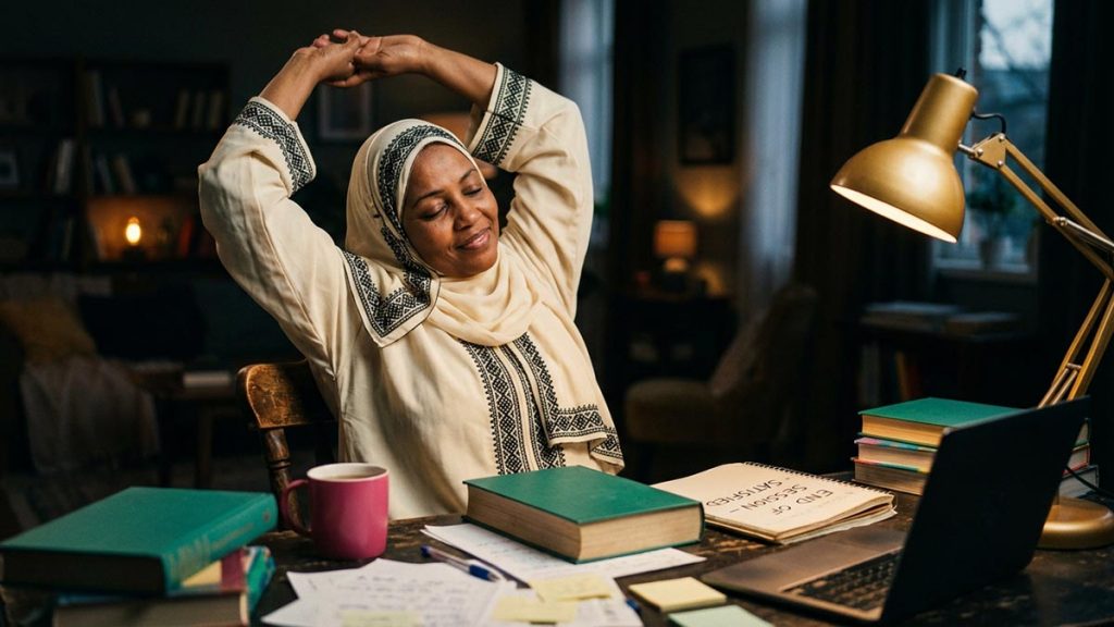A Muslim woman at a study desk at the end of a long session, an opening scene for the Dua After Studying.