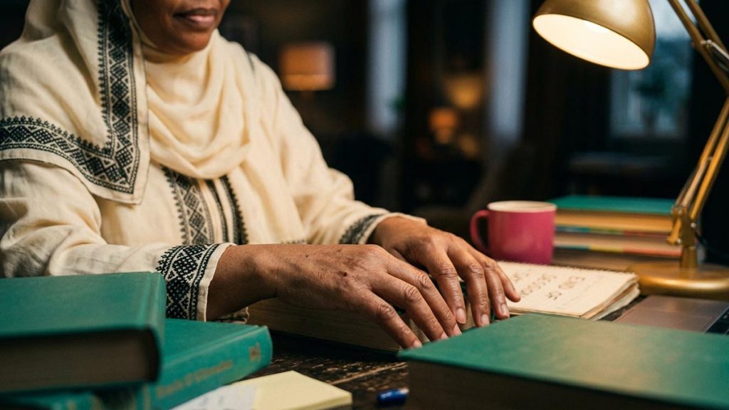 Close view of a Muslim woman's hands and the closed books during the Dua After Studying.