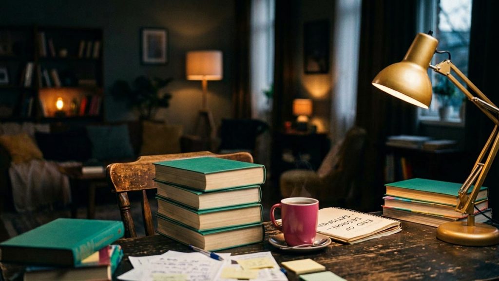 A still-life of closed books stacked neatly beside a cooling cup of tea on a desk, illustrating the Dua After Studying.