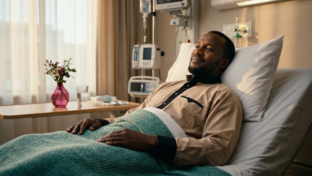 A Muslim man in a quiet recovery room with soft daylight, an opening scene for the Dua After Surgery.
