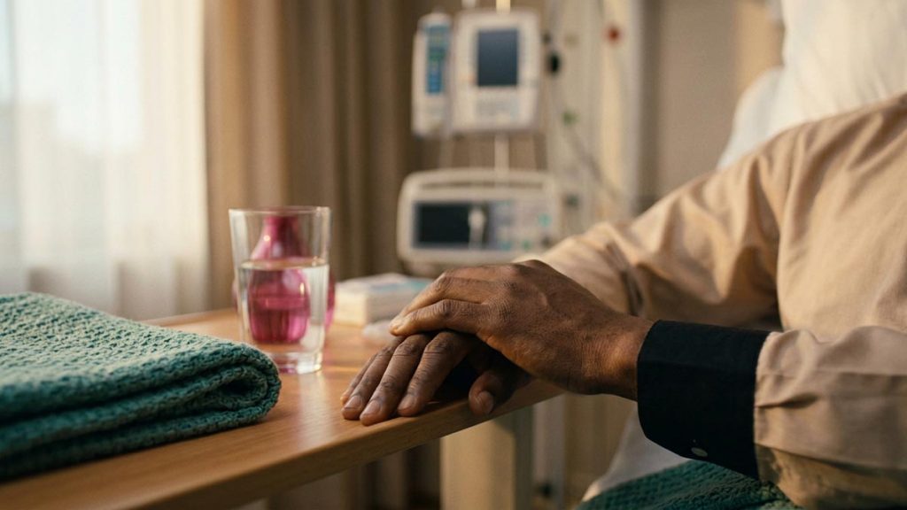 Close view of a Muslim man's hands and the folded blanket and a glass of water during the Dua After Surgery.
