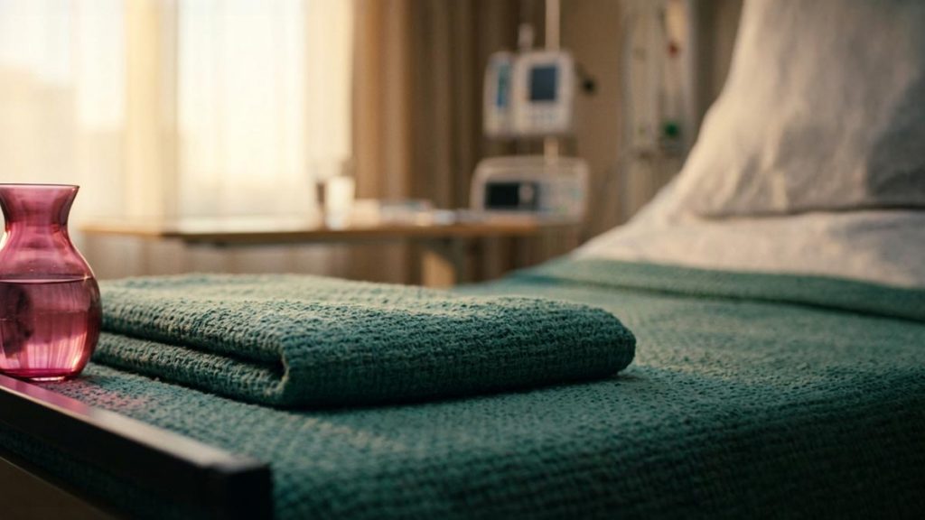 A still-life of a folded blanket and a glass of water beside a made recovery bed, illustrating the Dua After Surgery.
