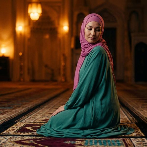 A Muslim woman making the Dua After Tasleem, on a prayer mat as the prayer concludes.