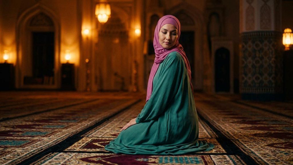 A Muslim woman on a prayer mat as the prayer concludes, an opening scene for the Dua After Tasleem.