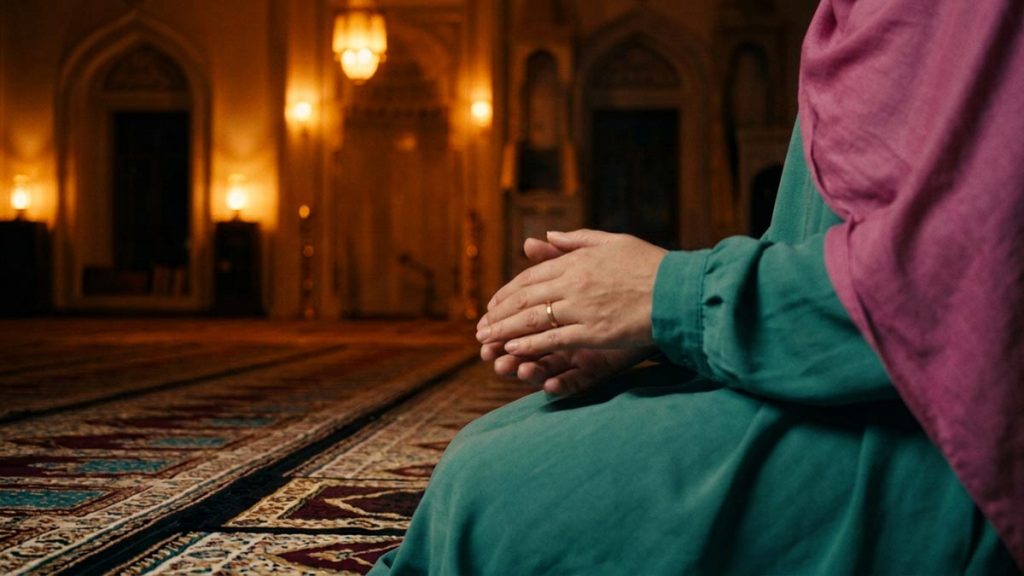 Close view of a Muslim woman's hands and the prayer mat during the Dua After Tasleem.