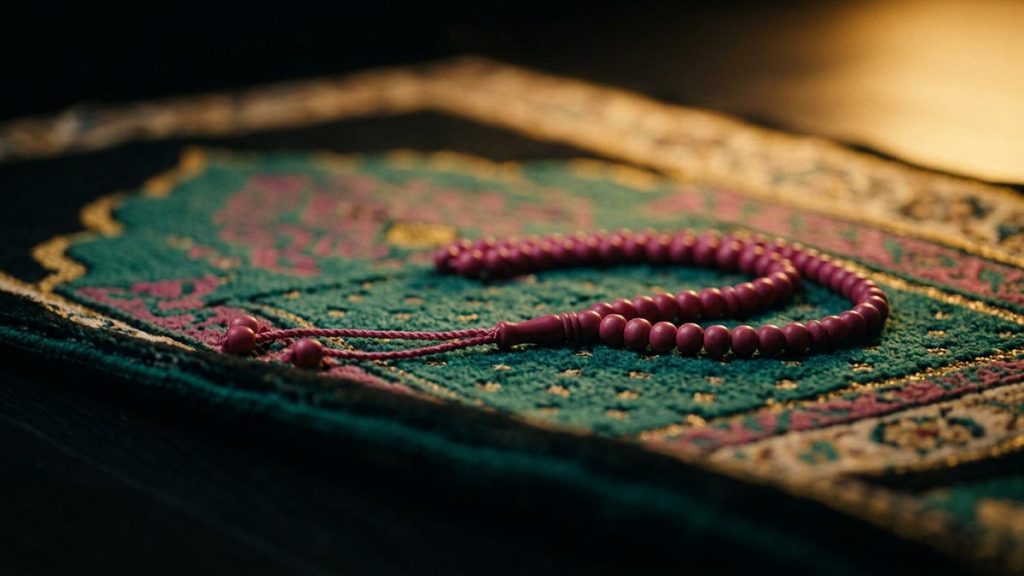 A still-life of a prayer mat with beads laid across it as the prayer ends, illustrating the Dua After Tasleem.
