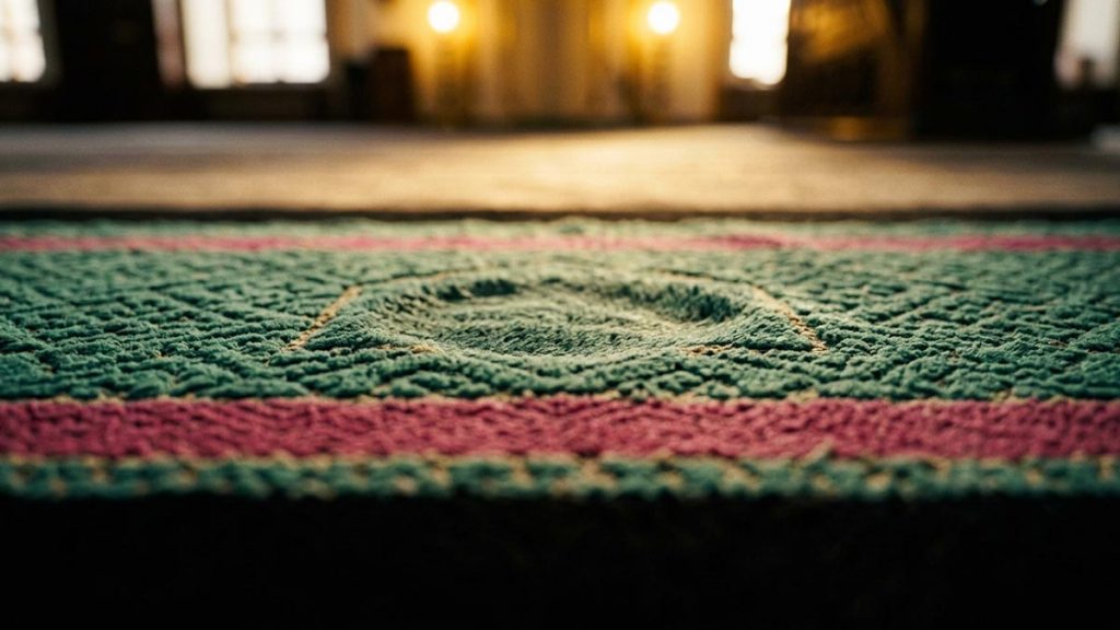 A still-life of a prayer mat with the place of prostration worn soft with use, illustrating the Dua Against Arrogance.