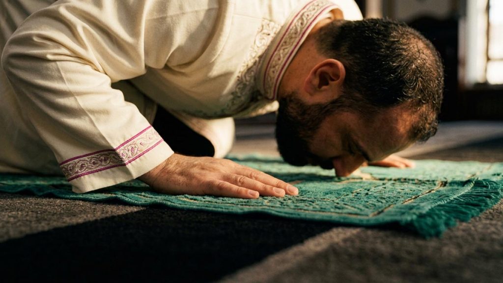 Close view of a Muslim man's hands and the prayer mat during the Dua Against Arrogance.