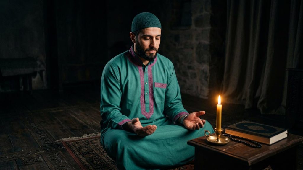 A Muslim man in a quiet room away from company, an opening scene for the Dua Against Envy.