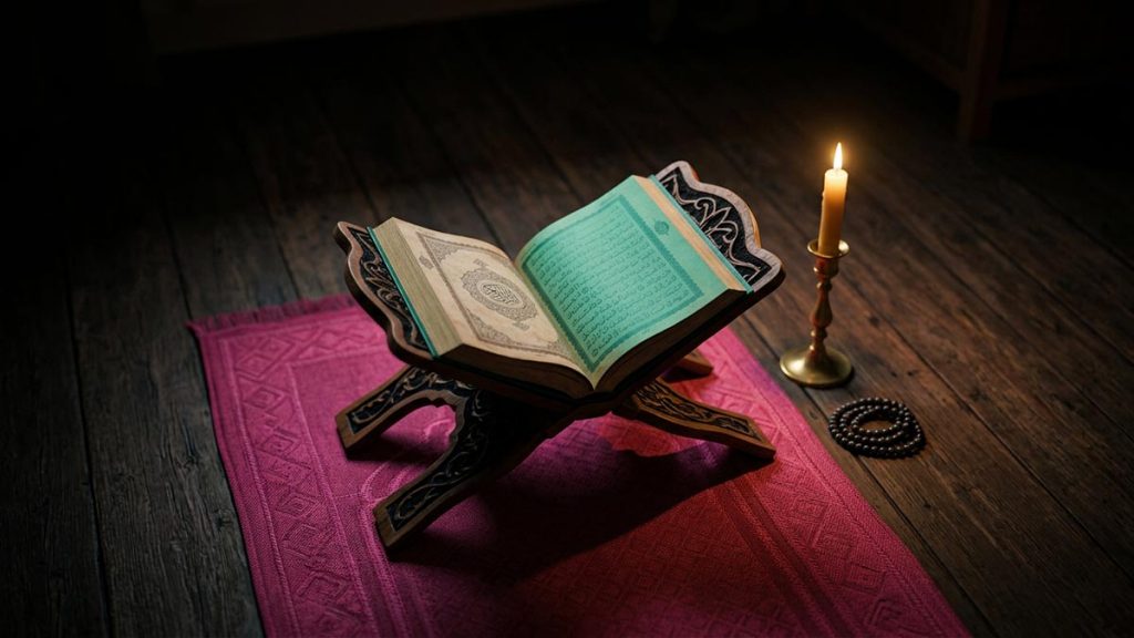 A still-life of an open Quran on a stand beside a single lit candle in a still room, illustrating the Dua Against Envy.