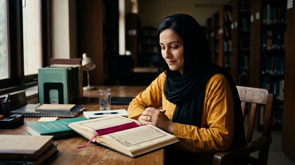 A Muslim woman at a reading desk with an open Quran and books, an opening scene for the Dua Against Misguidance.