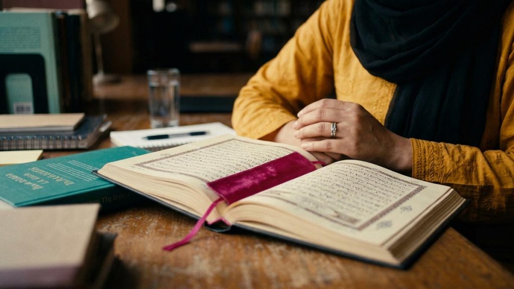 Close view of a Muslim woman's hands and the open Quran flanked during the Dua Against Misguidance.