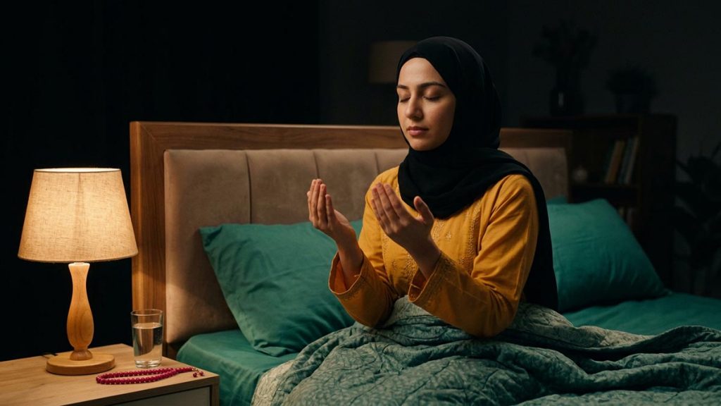 A Muslim woman in a bedroom lit only by a low bedside lamp, an opening scene for the Dua Against Nightmares.