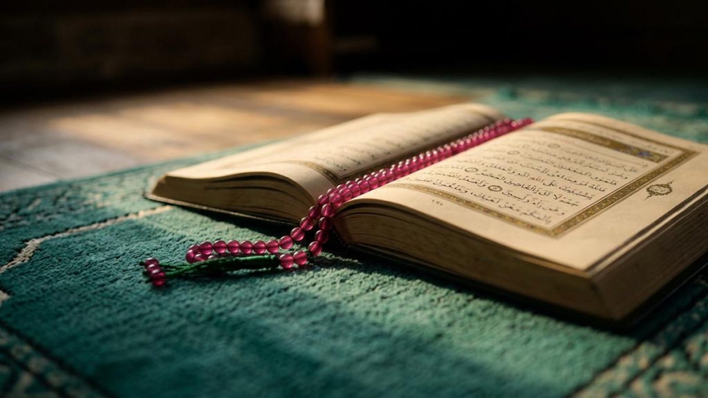 A still-life of an open Quran and prayer beads on a mat in the first light of dawn, illustrating the Dua Against Oppression.
