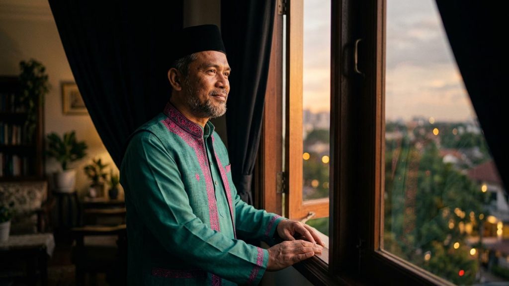 A Muslim man at a window as evening light softens the room, an opening scene for the Dua Against Sadness.