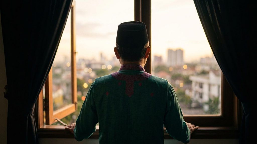 A Muslim man seen from behind at a window as evening light softens the room, reflecting the Dua Against Sadness.