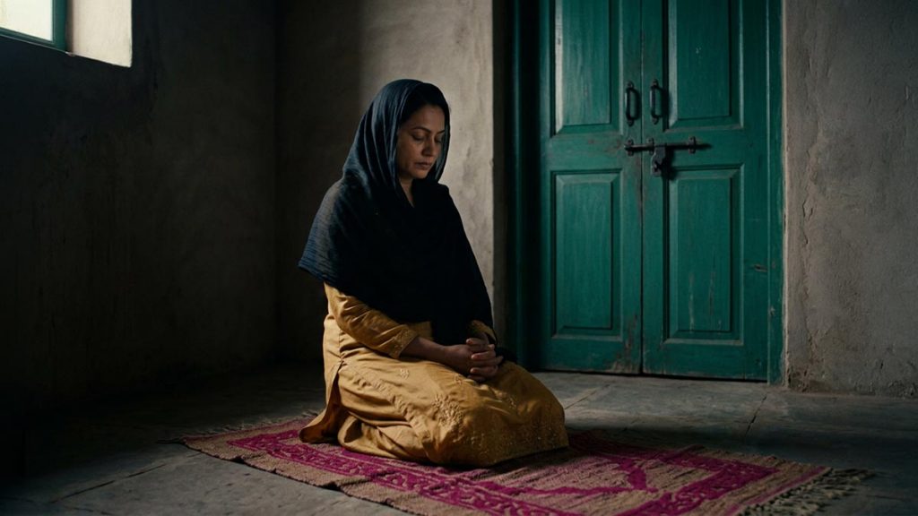 A Muslim woman alone in a bare room with the door closed, an opening scene for the Dua Against Showing Off.