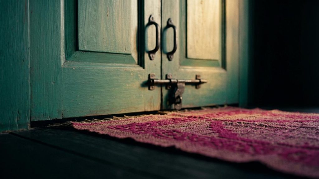 A still-life of a closed door with a single prayer mat laid behind it, illustrating the Dua Against Showing Off.