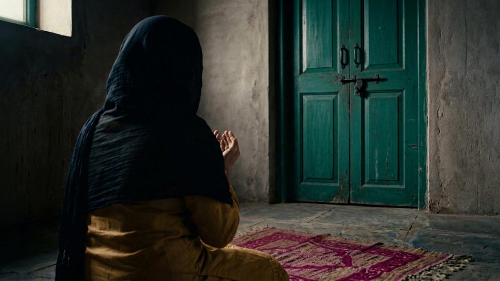 A Muslim woman seen from behind alone in a bare room with the door closed, reflecting the Dua Against Showing Off.