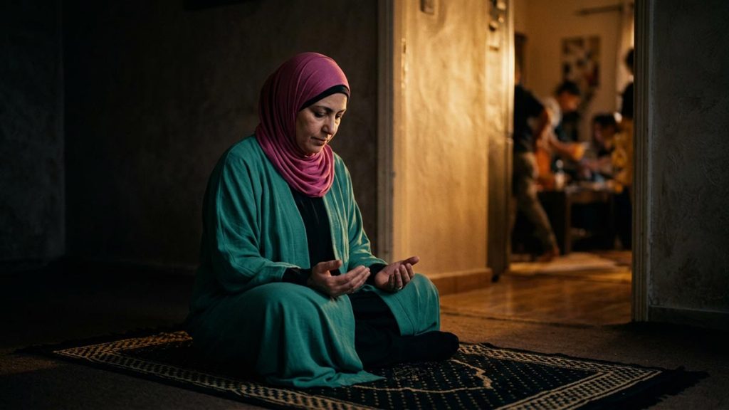 A Muslim woman in a quiet room turning away from a lit doorway, an opening scene for the Dua Against Temptations.