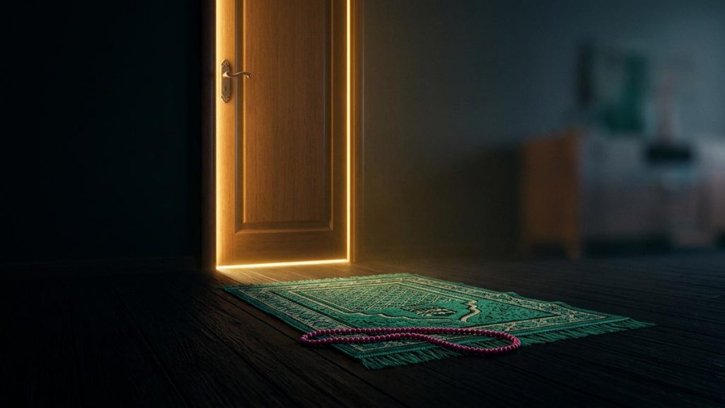 A still-life of a closed door with a prayer mat laid before it in a quiet room, illustrating the Dua Against Temptations.