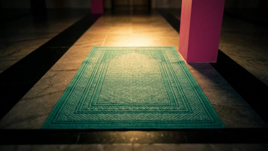 A still-life of an empty prayer mat laid ready at the head of a quiet hall, illustrating the Dua al-Istiftah.