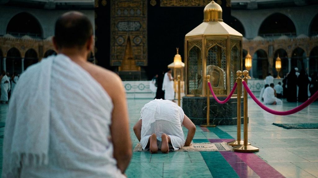 A Muslim pilgrim seen from behind beside the station within the Sacred Mosque courtyard, reflecting the Dua at Maqam Ibrahim.