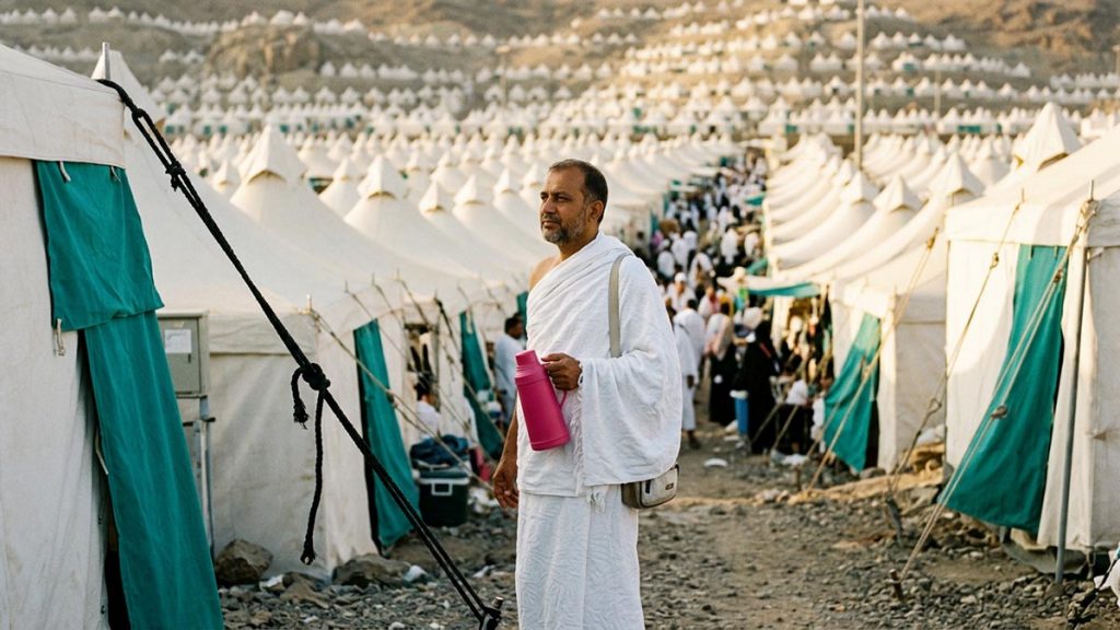 A Muslim pilgrim among the white tents of the valley of Mina, an opening scene for the Dua at Mina.