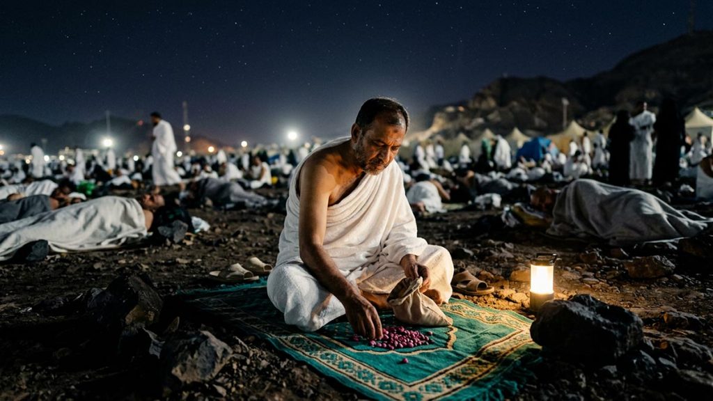 A Muslim pilgrim on the open ground of Muzdalifah under a night sky, an opening scene for the Dua at Muzdalifah.