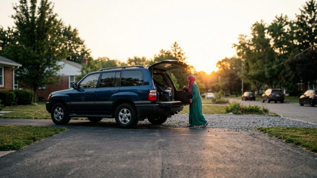 A Muslim woman at a driveway at first light with a loaded car, an opening scene for the Dua Before a Long Journey.