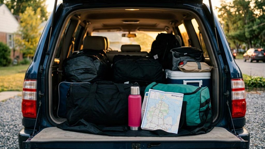 A still-life of a loaded car boot, a flask and a road map at dawn, illustrating the Dua Before a Long Journey.