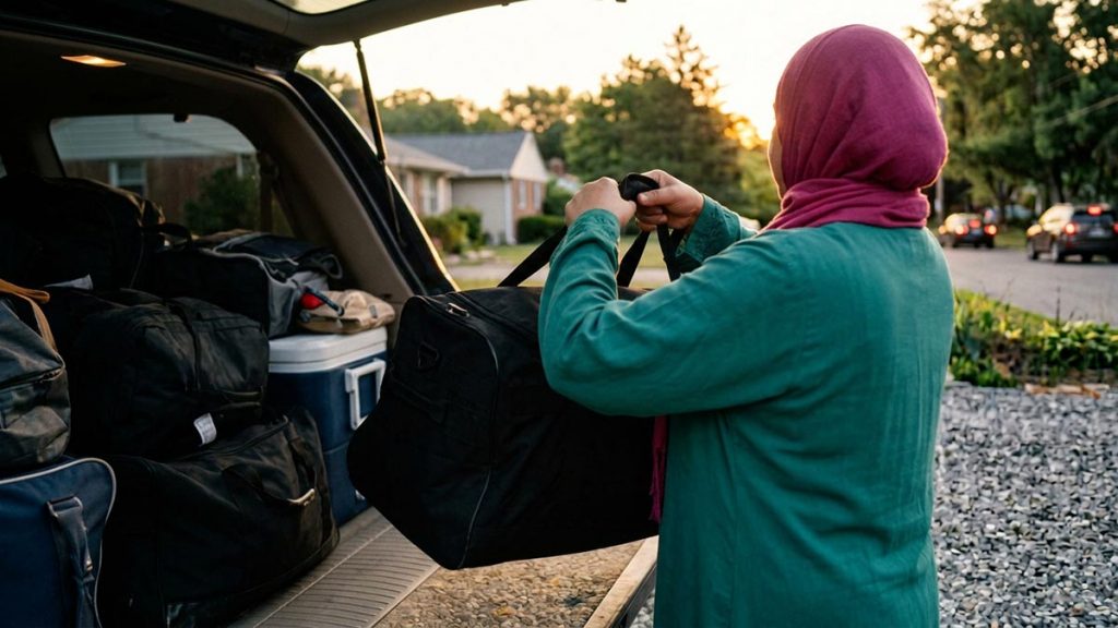A Muslim woman seen from behind at a driveway at first light with a loaded car, reflecting the Dua Before a Long Journey.