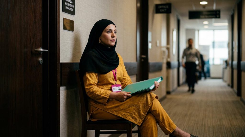 A Muslim woman in a corridor outside an interview room, an opening scene for the Dua Before an Interview.