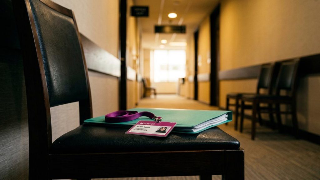 A still-life of a folder of documents and a name badge on a waiting-room chair, illustrating the Dua Before an Interview.