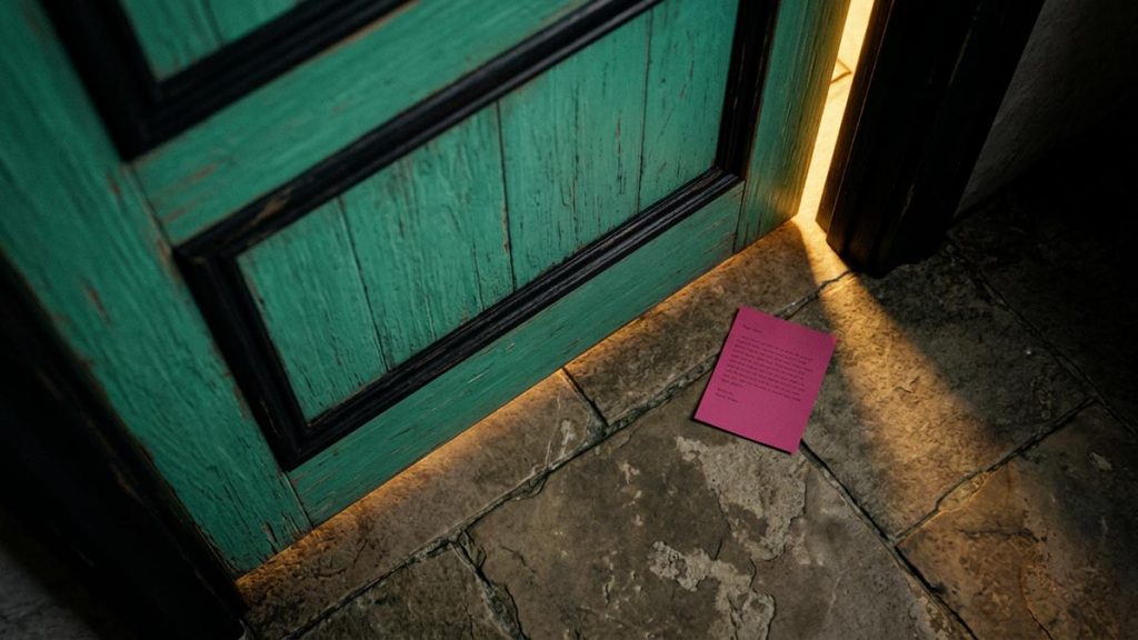 A still-life of a closed door with a written note held ready beside it, illustrating the Dua Before Apologising.
