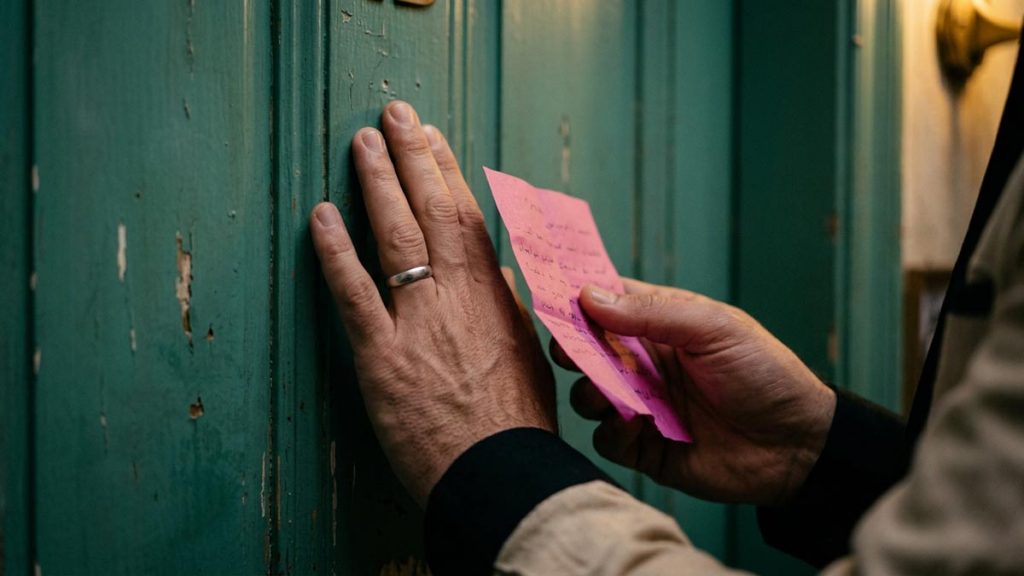Close view of a Muslim man's hands and the closed door during the Dua Before Apologising.