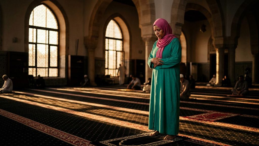 A Muslim woman in a prayer hall as the afternoon light lengthens, an opening scene for the Dua Before Asr.