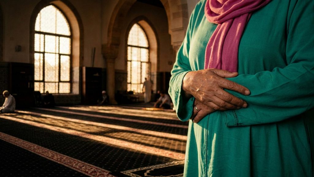 Close view of a Muslim woman's hands and the long afternoon shadows falling during the Dua Before Asr.