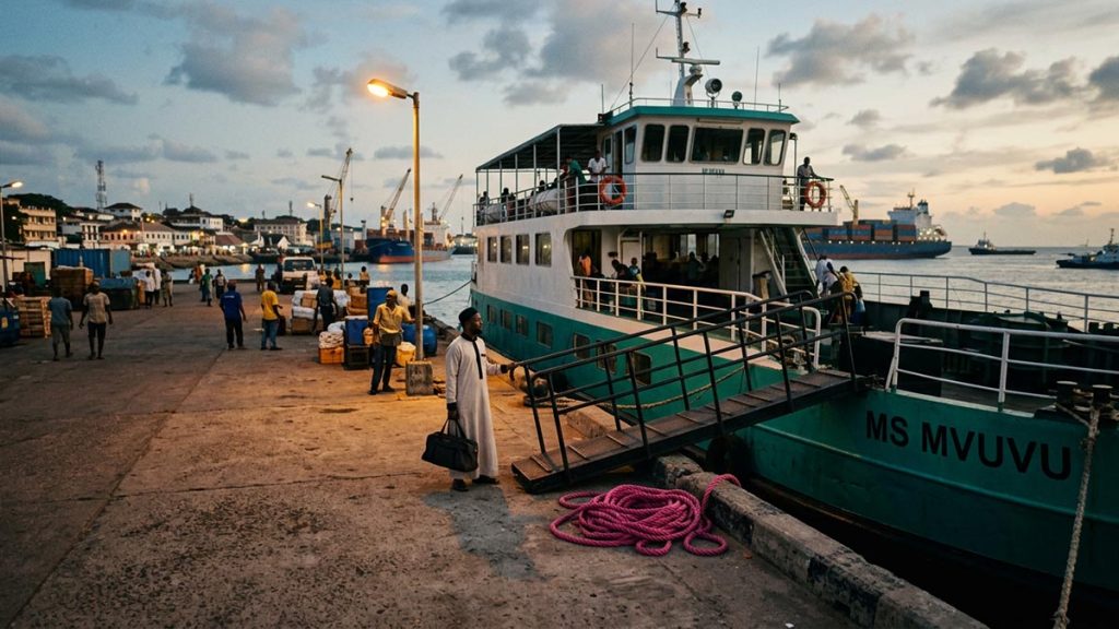 A Muslim man at a harbour quayside beside a moored ferry, an opening scene for the Dua Before Boarding a Ship.