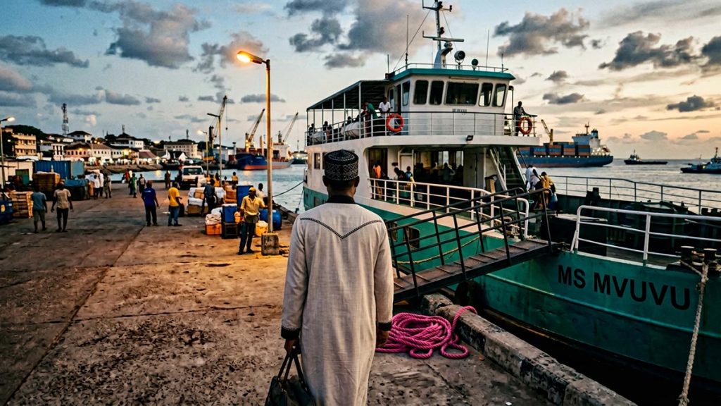 A Muslim man seen from behind at a harbour quayside beside a moored ferry, reflecting the Dua Before Boarding a Ship.