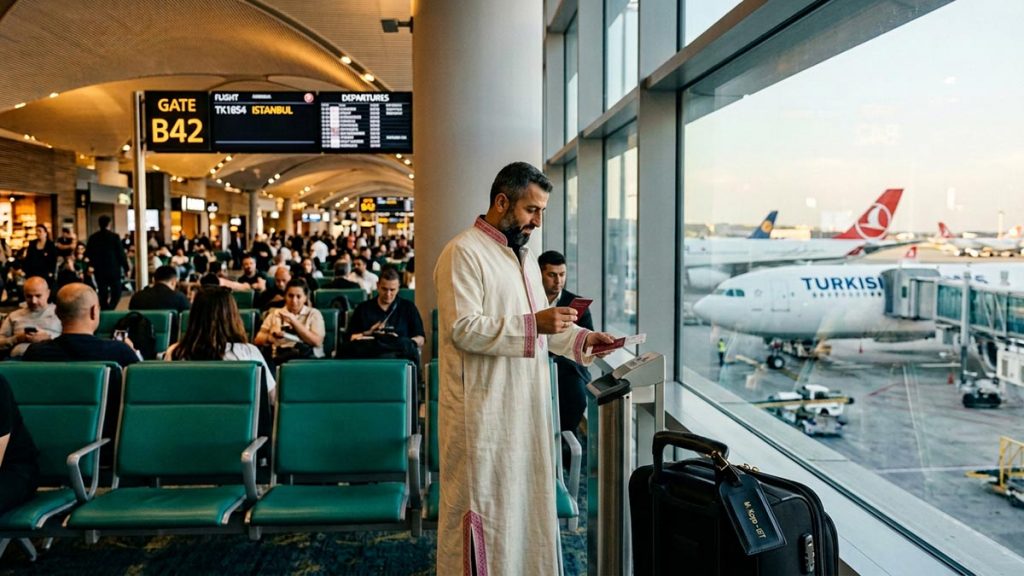 A Muslim man at an airport departure gate with an aircraft visible through the glass, an opening scene for the Dua Before Boarding an Airplane.