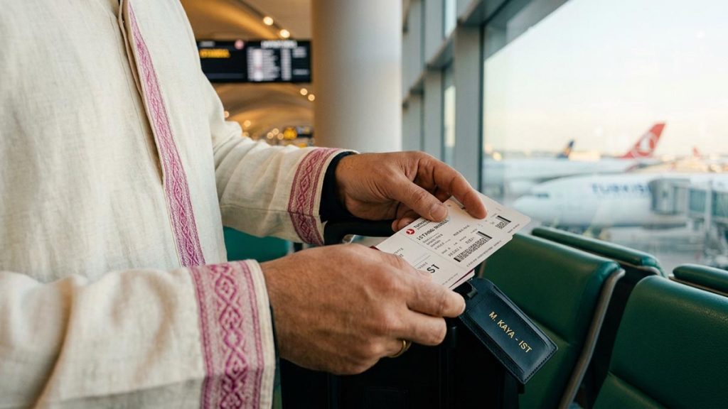 Close view of a Muslim man's hands and the boarding pass during the Dua Before Boarding an Airplane.